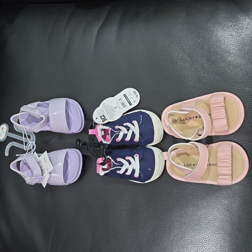 3 pair of new infant girl sneakers and sandals